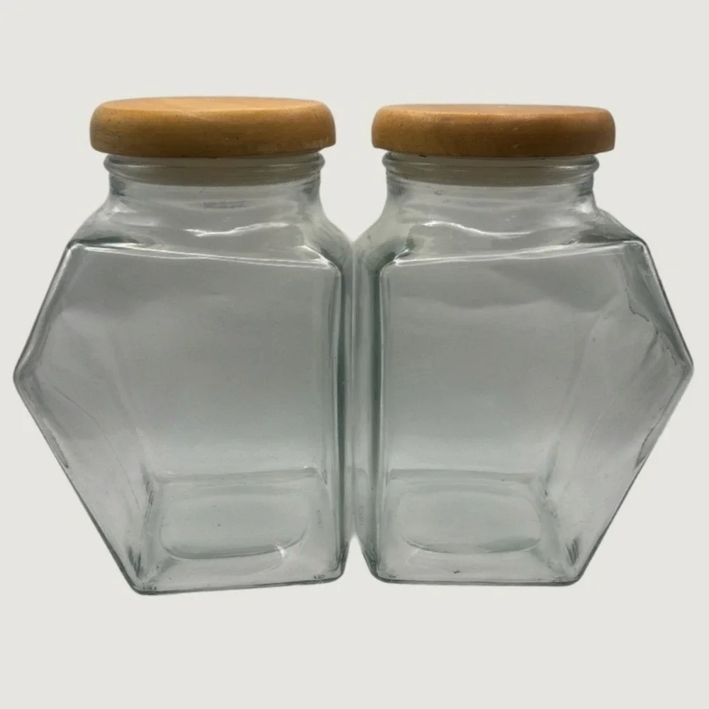 Glass Canister Set 2pc Clear Geometric Wood Lid Made in Canada Vintage
